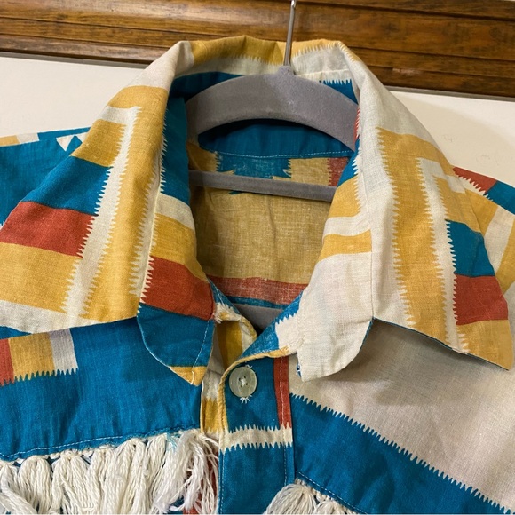 Vintage Mens Large Unisex Southwestern Frayed Tassle Long Sleeve Button Down - Picture 3 of 7